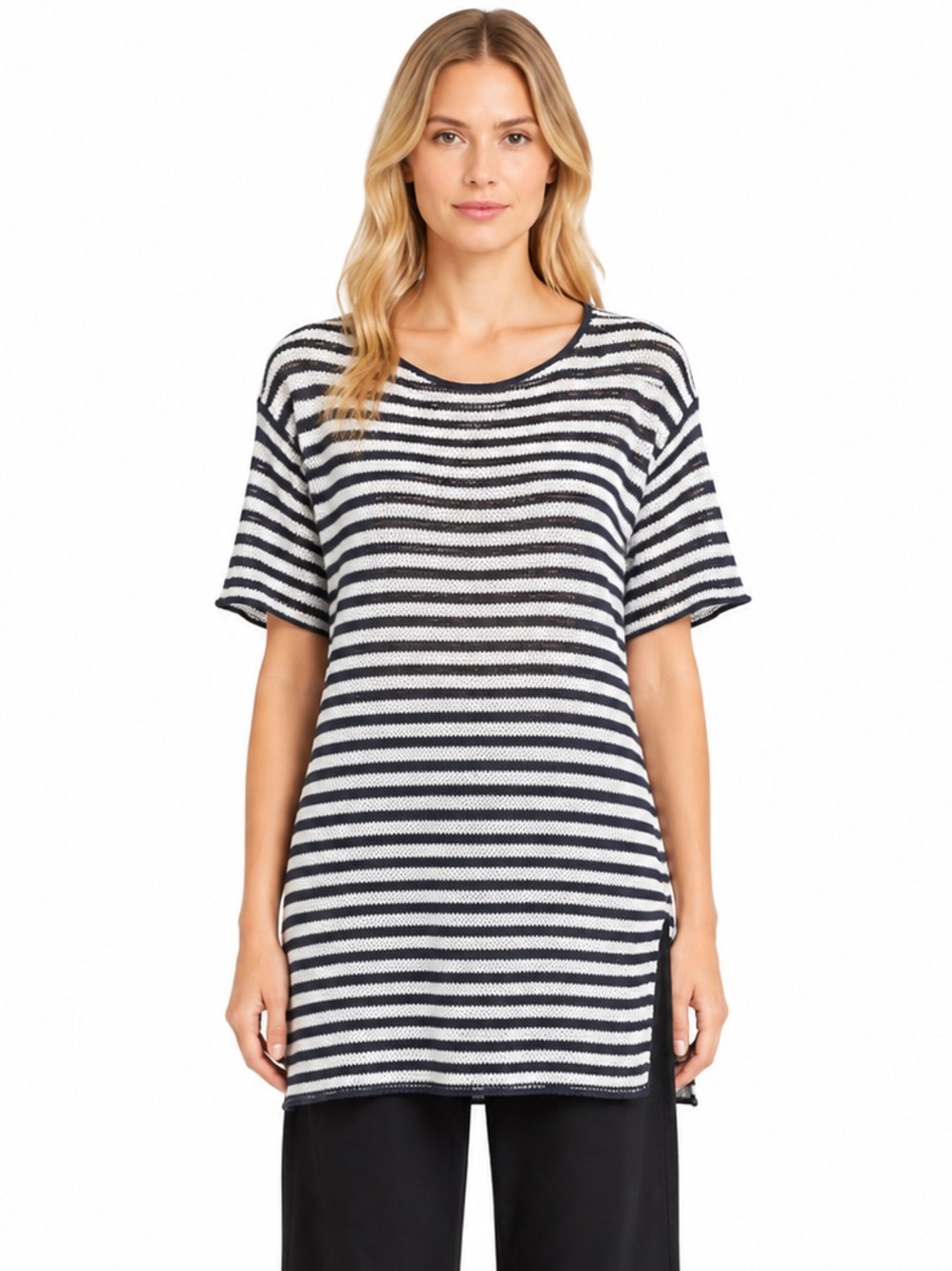 Eileen Fisher Organic Linen Striped Tunic Top Size Small Lagenlook Coastal Grey
